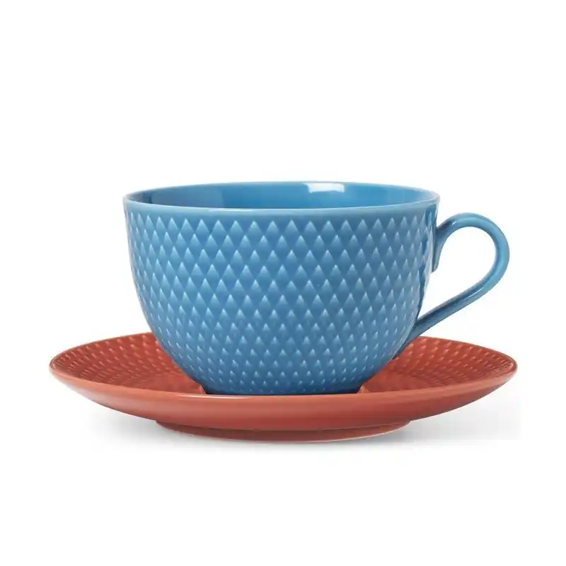 Filiżanka ze spodkiem Rhombe, niebieski/terakota, Lyngby Porcelain Taniej