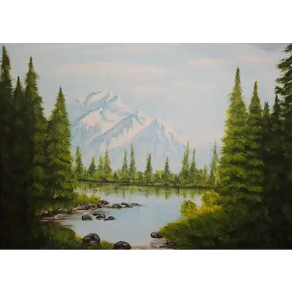 RĘCZNIE MALOWANY OBRAZ - PEJZAŻ ZA GÓRAMI, ZA LASAMI 50x70cm Oferta czasowa