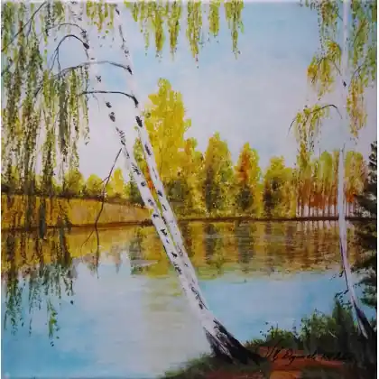 ZESTAW RĘCZNIE MALOWANYCH OBRAZÓW - BRZOZOWY DYPTYK SŁONECZNA JESIEŃ - 1x 30x30cm + 1x 30x24cm Najlepsza cena