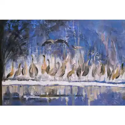 Żurawie manewry, obraz akrylowy na płótnie 70x50x2 cm Dodaj do koszyka