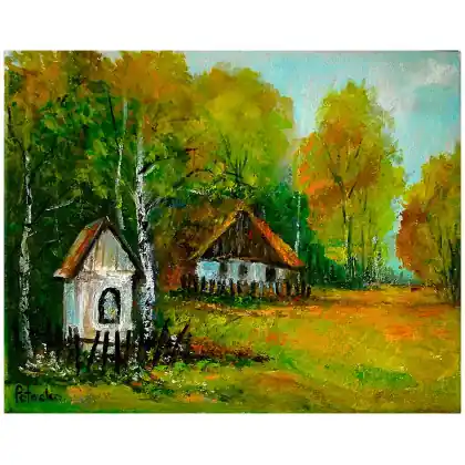 Taniej Kapliczka na wsi obraz olejny 24cm-30cm