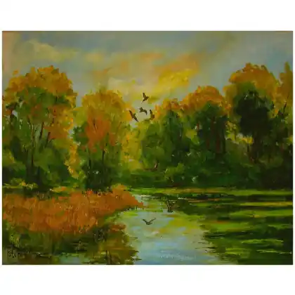 Szybka wysyłka Poranek nad stawem 40cm-50cm obraz olejny