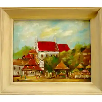 Super okazja Kazimierz Dolny obraz olejny 34-41cm w ramie 52-44cm na płycie