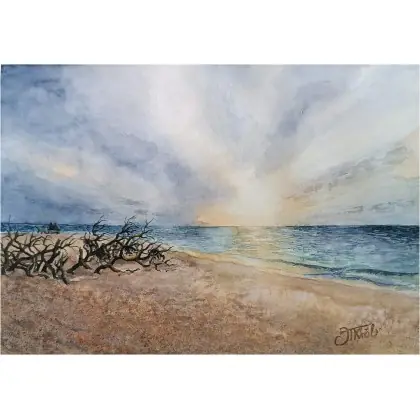 Wschód słońca na plaży, Akwarela A4 Oferta