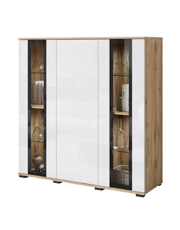 Wysoka komoda z witryną dąb wotan/biały połysk Caro (CARH120W0) Taniej