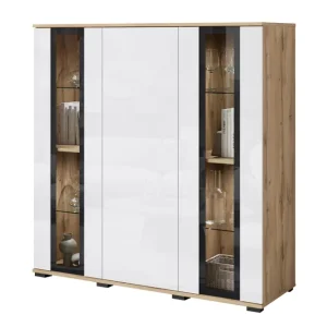 Wysoka komoda z witryną dąb wotan/biały połysk Caro (CARH120W0) Obniżka ceny