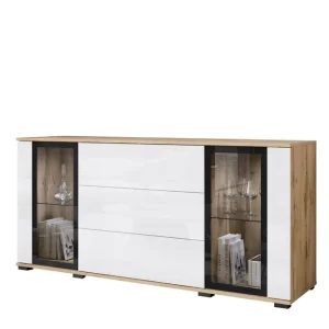 Komoda dąb wotan/biały połysk z szufladami i witrynami Caro SB150 (CARS150W0) Nowość