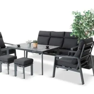 Rabat Aluminiowy zestaw ogrodowy z wysokim stołem, sofą 202cm, fotelami i pufami Renalo Dining Grafitowy