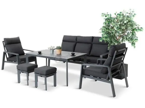 Rabat Aluminiowy zestaw ogrodowy z wysokim stołem, sofą 202cm, fotelami i pufami Renalo Dining Grafitowy