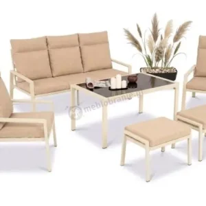 Wyprzedaż Komplet ogrodowy metalowy wysokie oparcia z sofą 175cm, fotelami i pufami - Doros Max + pufy - Cream