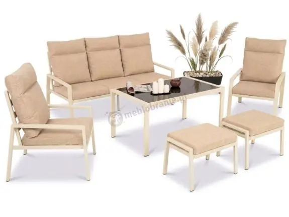 Wyprzedaż Komplet ogrodowy metalowy wysokie oparcia z sofą 175cm, fotelami i pufami - Doros Max + pufy - Cream