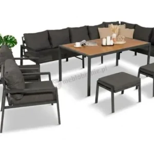 Zamów teraz Duży narożnik ogrodowy metalowy 294x184cm Sodor Corner XXL z 2 fotelami, 2 pufami i stołem 160cm - Dark Grey Polywood