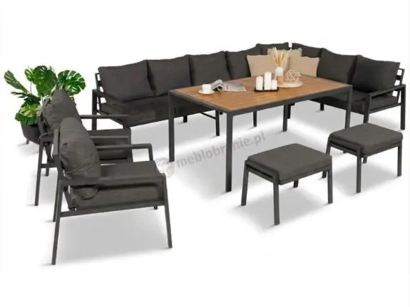 Zamów teraz Duży narożnik ogrodowy metalowy 294x184cm Sodor Corner XXL z 2 fotelami, 2 pufami i stołem 160cm - Dark Grey Polywood