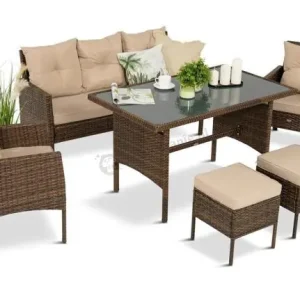 Tani Brązowe meble technorattanowe z wysokim stołem 120cm i sofą Torino Dining