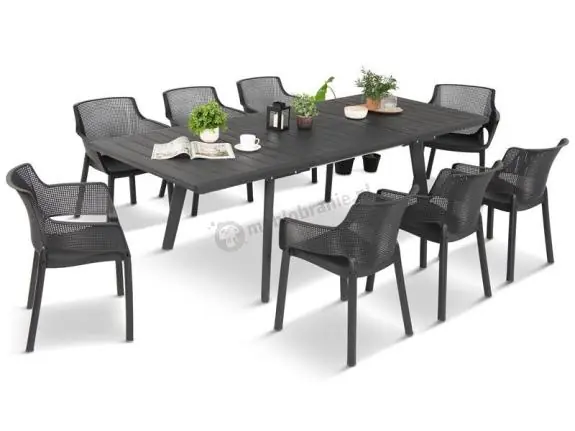 Dodaj do koszyka Meble na taras Kantara Modern, stół rozkładany 160-240 cm i 8 sztaplowanych krzeseł