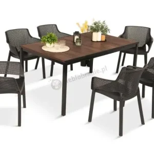 Meble obiadowe na taras Portis Slim ze stołem 160cm w kolorze orzecha i 6 fotelami Cena promocyjna
