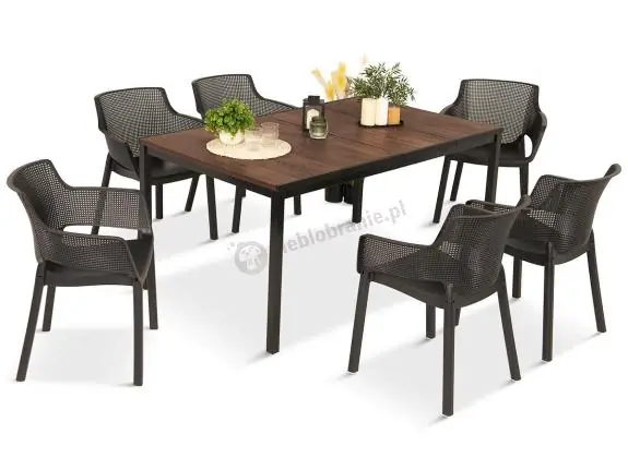 Meble obiadowe na taras Portis Slim ze stołem 160cm w kolorze orzecha i 6 fotelami Cena promocyjna