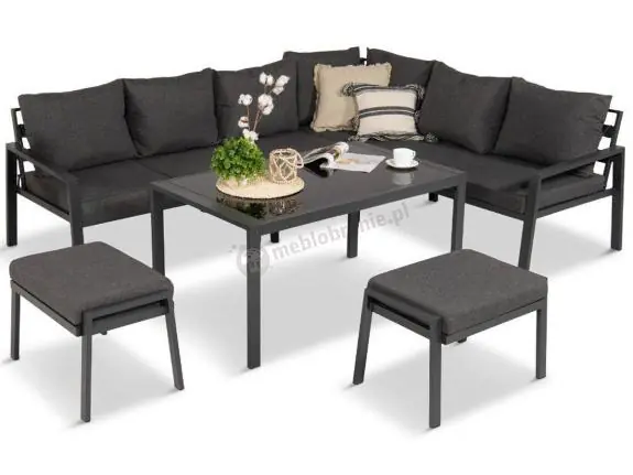 Bezpieczna płatność Komplet mebli na taras - narożnik 184x239cm, 2 pufy, stół 120cm - Sodor Corner XL - Dark Grey