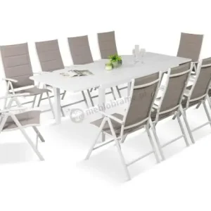 Duży, biały zestaw mebli ogrodowych z aluminiowym rozkładanym stołem 240cm + 10 regulowanych krzeseł - Tabia Okazja