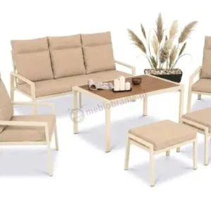 Komplet ogrodowy z wysokim oparciem metalowy z sofą 175cm, fotelami i pufami - Doros Max + pufy - Polywood Cream Zamów dziś