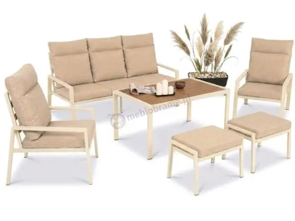 Komplet ogrodowy z wysokim oparciem metalowy z sofą 175cm, fotelami i pufami - Doros Max + pufy - Polywood Cream Zamów dziś