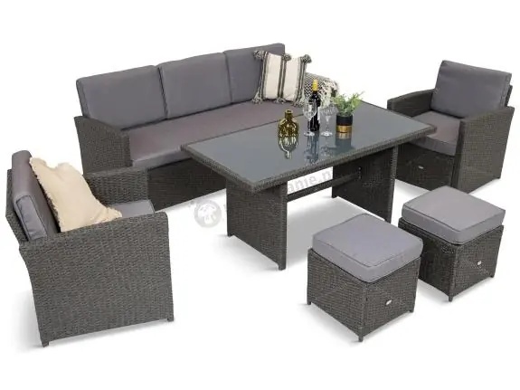 Popularny Zestaw mebli z sofą 186cm, wysokim stołem, fotelami i pufami Cofete Dining – Anthracite