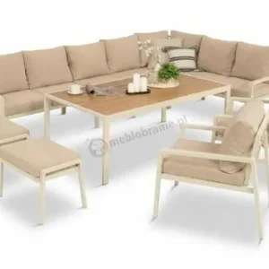 Jasny zestaw mebli tarasowych z narożnikiem, stołem obiadowym 2 fotelami i 2 pufami - Sodor Corner XXL - Cream Polywood Ekspresowa dostawa