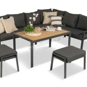 Komplet mebli na taras - narożnik 184x239cm, 2 pufy, stół 120cm - Sodor Corner XL - Dark Grey Polywood Ograniczona ilość