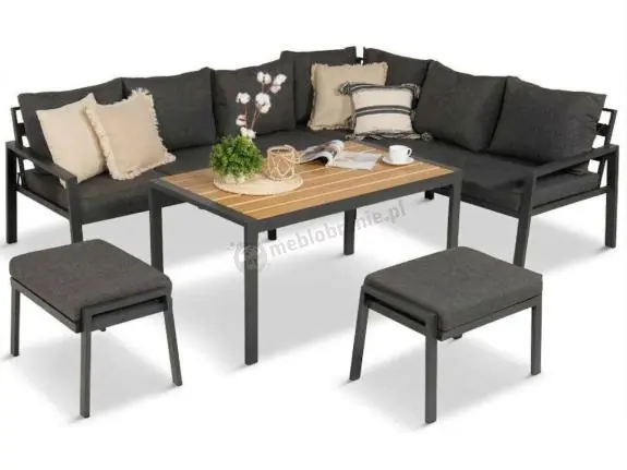 Komplet mebli na taras - narożnik 184x239cm, 2 pufy, stół 120cm - Sodor Corner XL - Dark Grey Polywood Ograniczona ilość