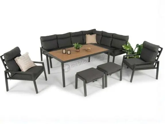 Narożnik ogrodowy z wysokim oparciem w komplecie z wysokim stołem 160cm, fotelami i pufami Doros Corner XL - Polywood Dark Grey Nowość