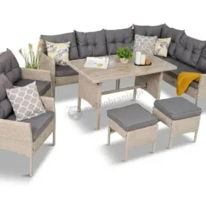 Narożnik technorattanowy Perata Corner Light Grey + 2 fotele ze stołem Polywood Wyjątkowa oferta