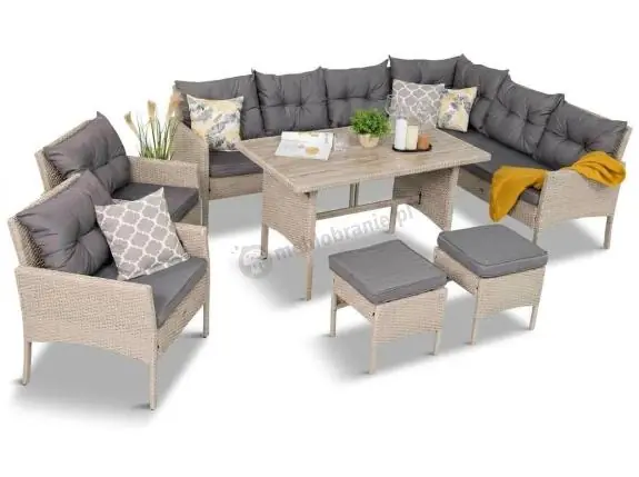 Narożnik technorattanowy Perata Corner Light Grey + 2 fotele ze stołem Polywood Wyjątkowa oferta