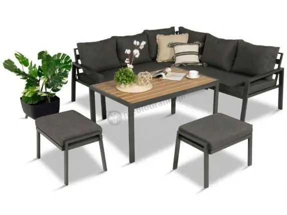 Metalowy narożnik na taras z pufami o stołem 120cm Sodor Corner - Dark Grey Polywood Bezpieczne zakupy