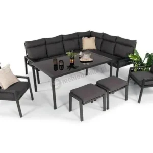 Szybka wysyłka Komplet mebli ogrodowych z narożnikiem z wysokim oparciem i wysokim stołem 160cm, fotelami i pufami Doros Corner XL - Dark Grey