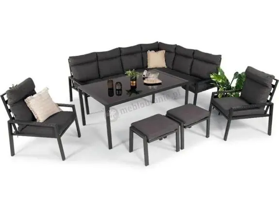 Szybka wysyłka Komplet mebli ogrodowych z narożnikiem z wysokim oparciem i wysokim stołem 160cm, fotelami i pufami Doros Corner XL - Dark Grey