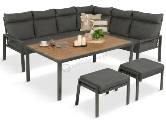 Nie przegap Nowoczesne meble ogrodowe metalowe narożne z pufami i stołem polywood- Doros Corner XL - Dark Grey
