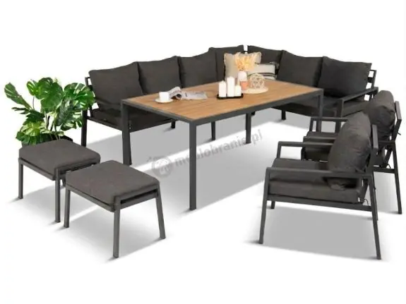 Tylko dziś Komplet mebli ogrodowych z narożnikiem i wysokim stołem 160cm, fotelami i pufami Sodor Corner XL - Dark Grey Polywood