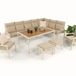 Wybór klientów Duży narożnik na taras ze stołem obiadowym fotelami i pufami Doros Corner XXL - Polywood Cream