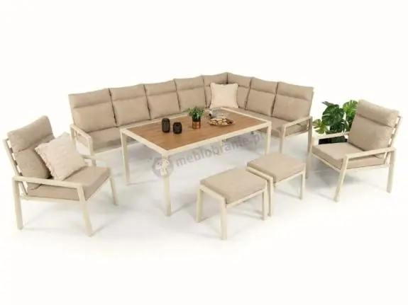 Wybór klientów Duży narożnik na taras ze stołem obiadowym fotelami i pufami Doros Corner XXL - Polywood Cream