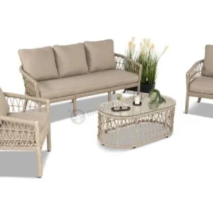 Zestaw mebli na taras w stylu rope - sofa 3 osobowa, fotele i stolik - Lirana - Cream Ostatnia szansa