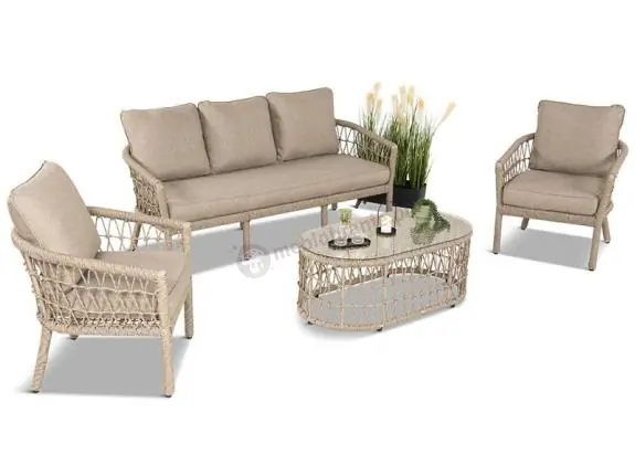 Zestaw mebli na taras w stylu rope - sofa 3 osobowa, fotele i stolik - Lirana - Cream Ostatnia szansa