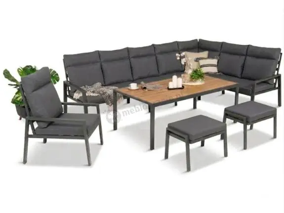 Wyjątkowa oferta Grafitowy narożnik ogrodowy 184x294cm modułowy ze stołem obiadowym i fotelem Doros Corner XXL - Polywood Dark Grey