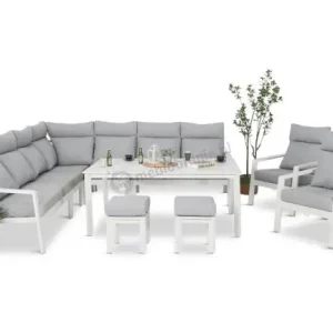 Dodaj do koszyka Duży narożnik na taras 278x278cm, stół 160cm, regulowane fotele i pufy - Renalo Corner XL - White