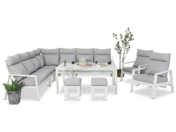 Dodaj do koszyka Duży narożnik na taras 278x278cm, stół 160cm, regulowane fotele i pufy - Renalo Corner XL - White