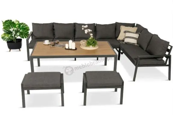 Narożnik na taras na metalowym stelażu ze stołem 160cm i pufami - Sodor Corner XXL - Dark Grey Polywood Darmowy zwrot
