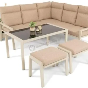 Meble jasne tarasowe metalowe - narożnik 184x184cm, pufy i stół 120cm - Doros Corner - Cream Najlepsza cena