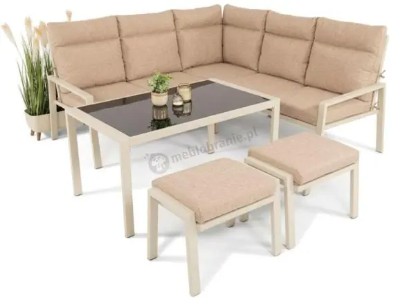Meble jasne tarasowe metalowe - narożnik 184x184cm, pufy i stół 120cm - Doros Corner - Cream Najlepsza cena