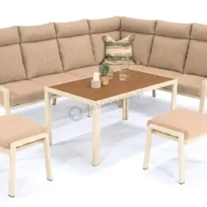 Wysoka jakość Jasny narożnik tarasowy ze stolikiem z blatem imitacja drewna 120cm i pufami - Doros Corner XL - Cream
