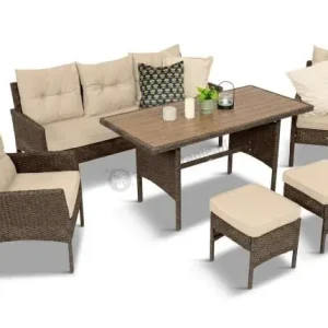 Nie przegap Meble ogrodowe z sofą 175cm, wysokim stołem polywood, fotelami i pufami Perata Dining Brown
