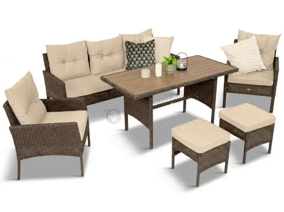 Nie przegap Meble ogrodowe z sofą 175cm, wysokim stołem polywood, fotelami i pufami Perata Dining Brown